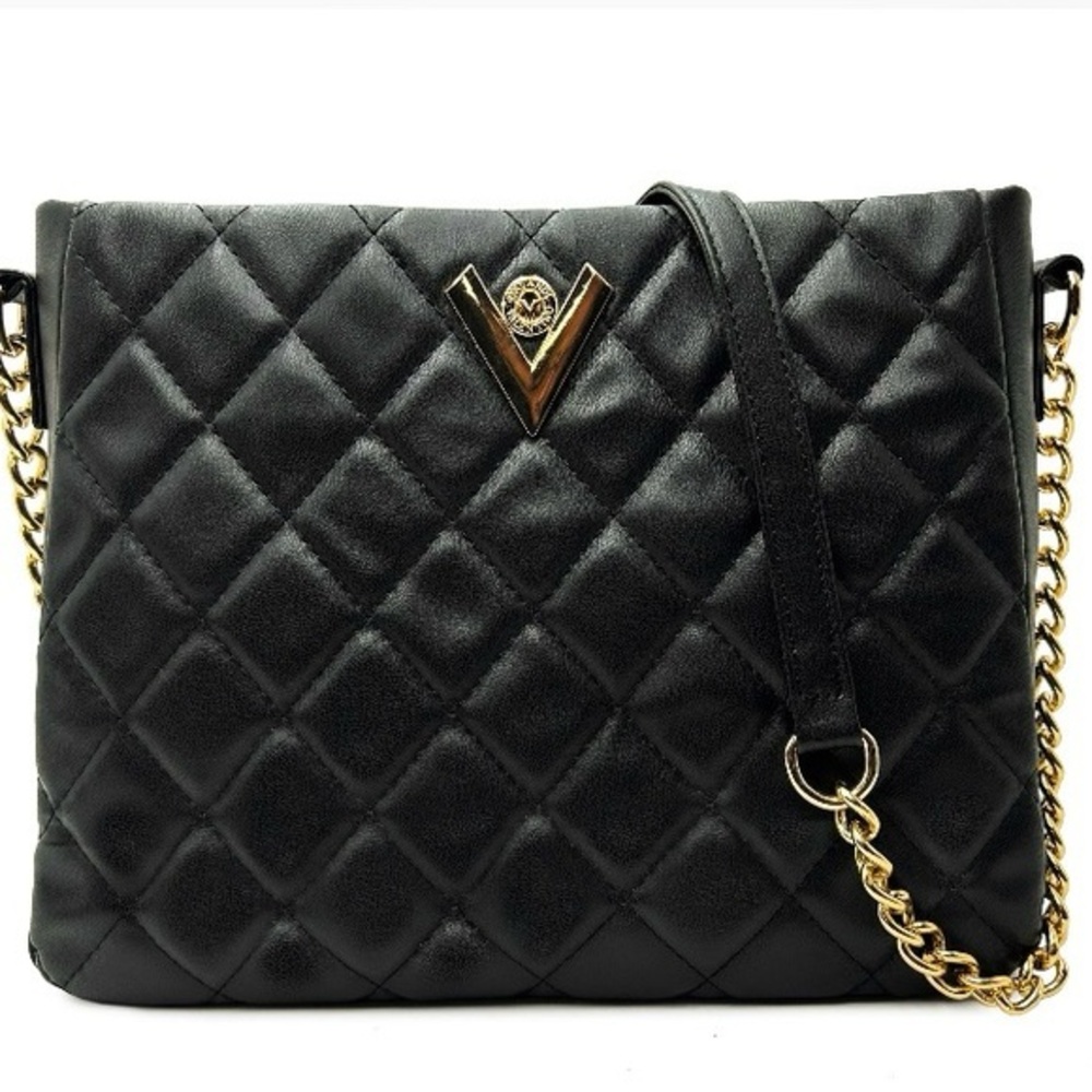 Black Quilted Shoulder Bag with Gold Chain